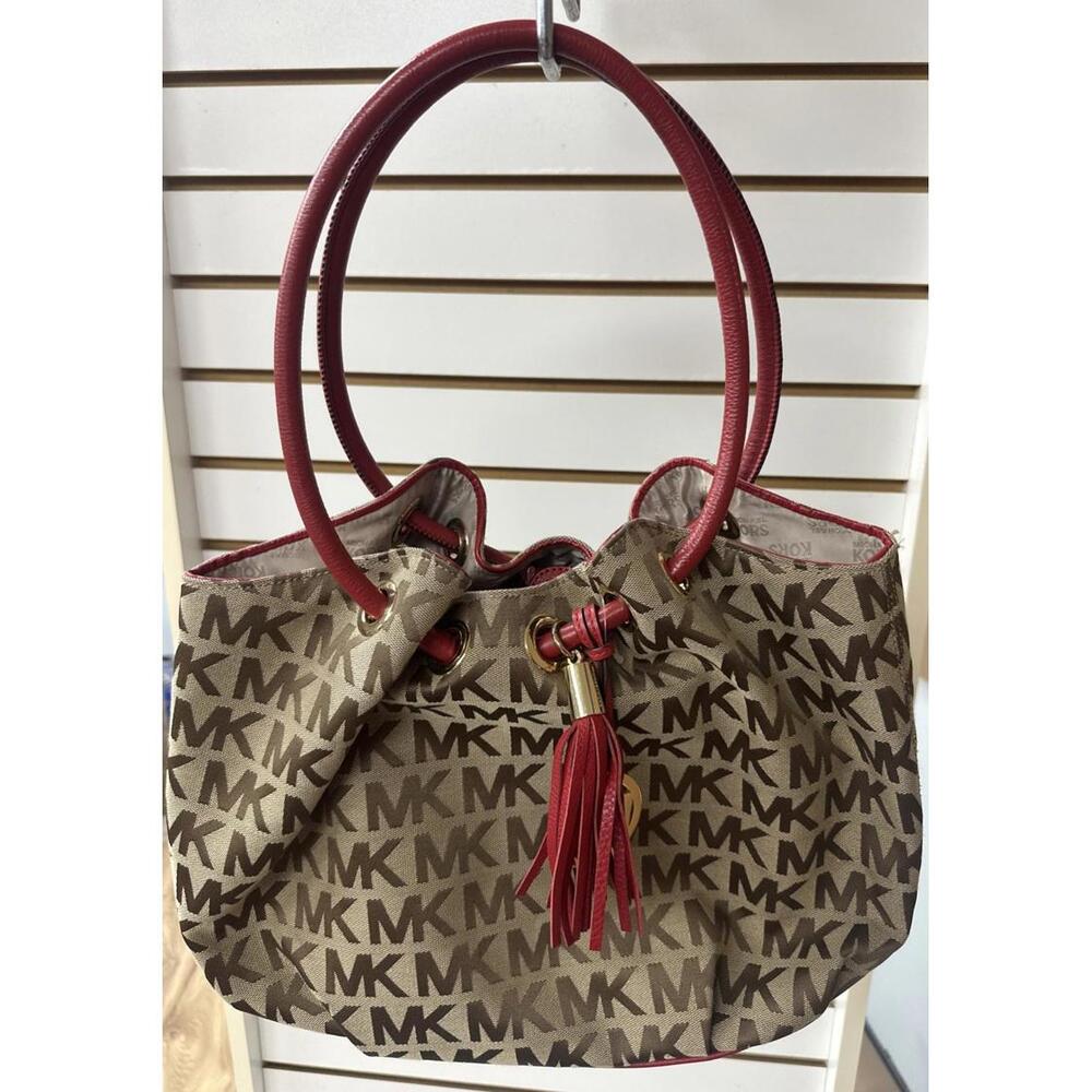 Michael Kors Canvas Logo Red Double Leather Handle Purse